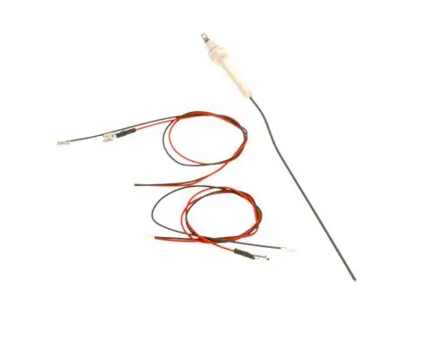 Bosch-Anode mit zwei Kabeln in rot und schwarz, ausgestattet mit einer Metallspitze für elektrische Anwendung.